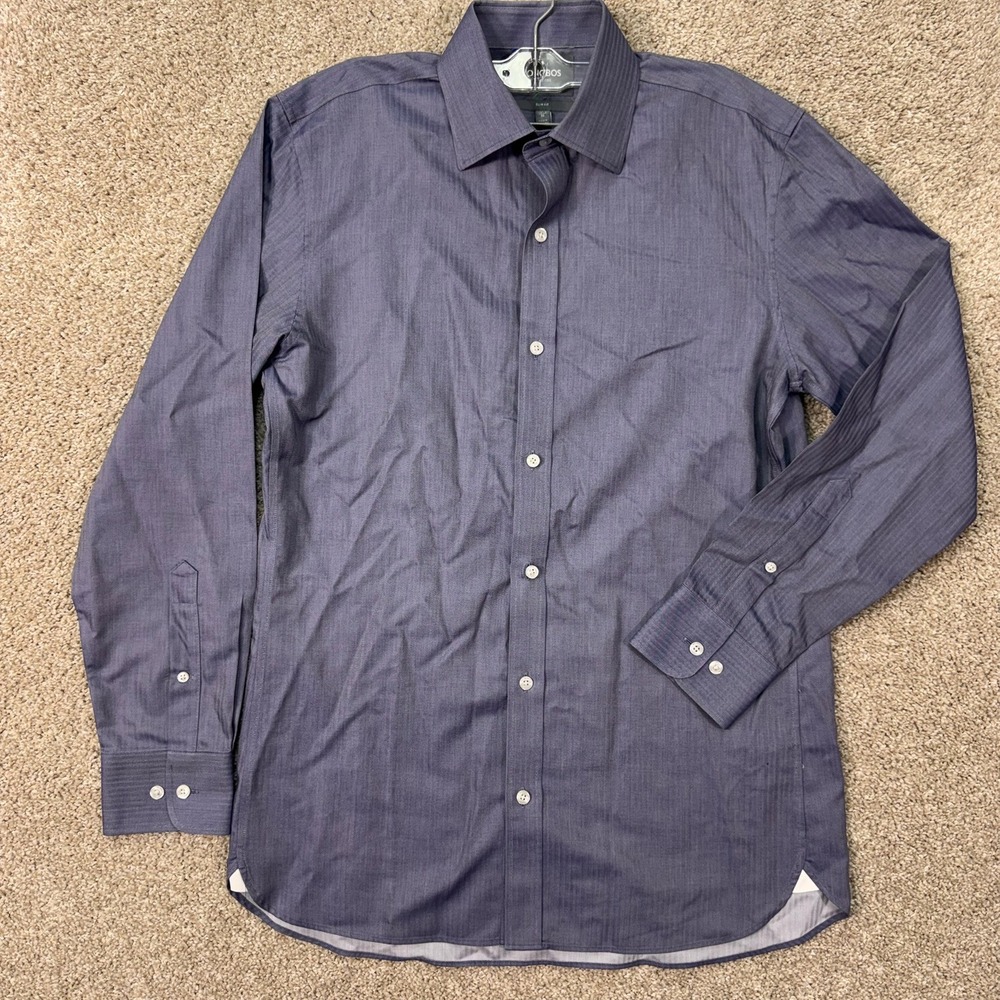 Bonobos Dress Shirt Mens 15.5 34 Slim Fit Blue Grey Wrinkle Free Herringbone EUC